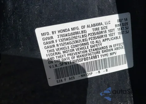 2015 Honda Pilot Ex-L from USA, damaged, VIN 5FNYF4H55FB014981